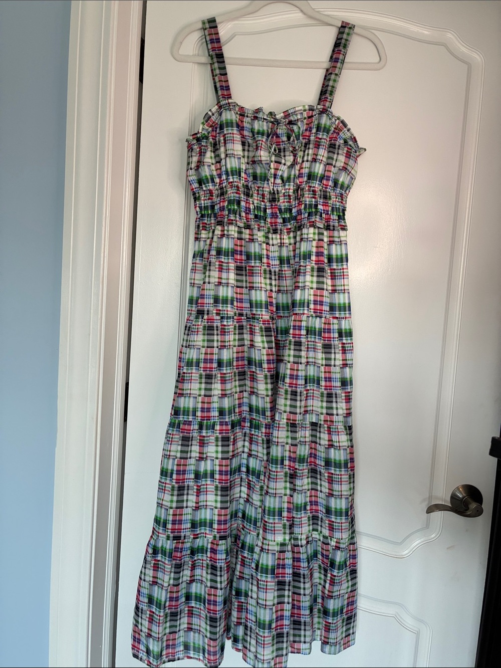 NWT Nautica Jeans Co. Plaid Smocked Tiered Maxi Dress with Adjustable Tie